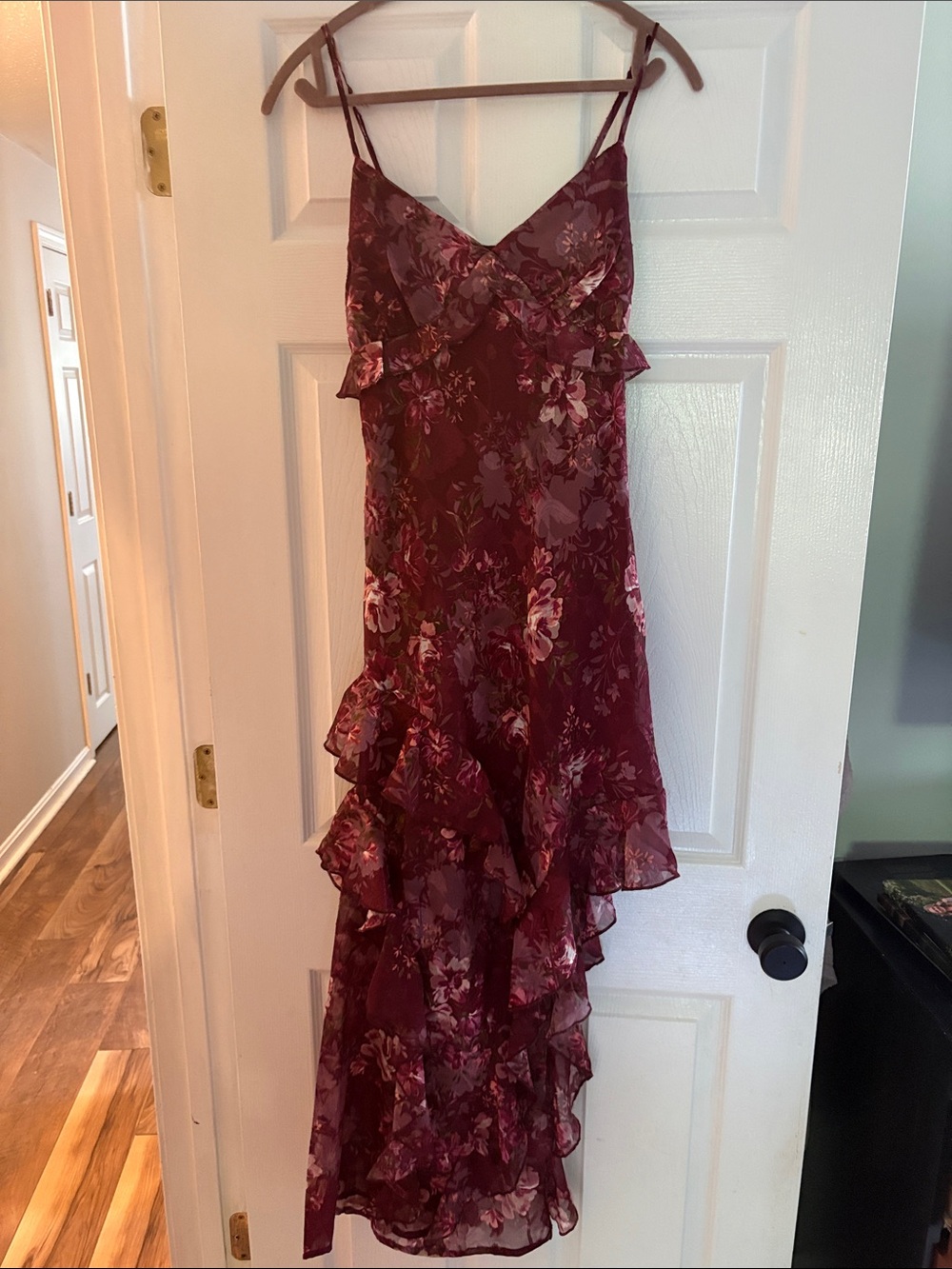 Floral Ruffle Slip Dress in Burgundy